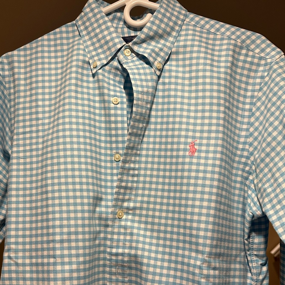 Polo Ralp Lauren, button down dress shirt, blue checkered. Size Medium.